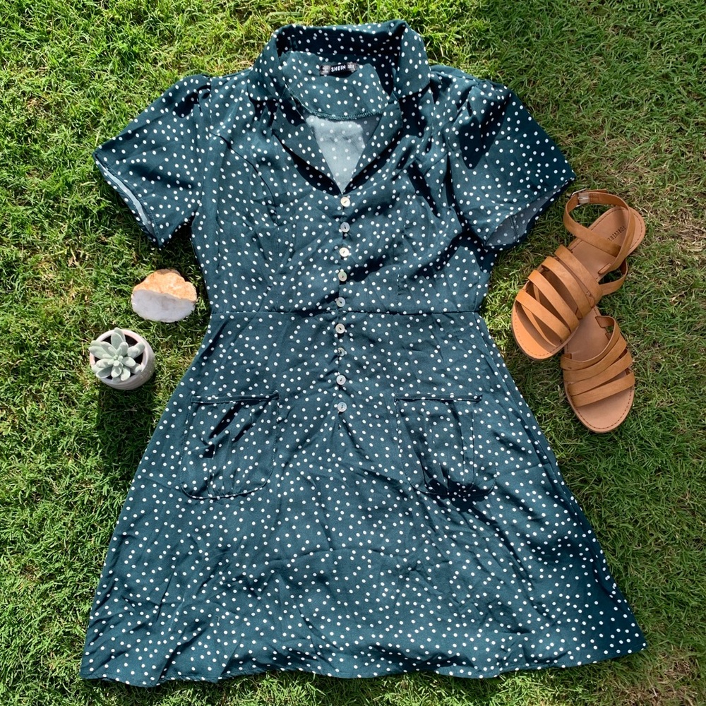 Green Dot Button Summer Dress